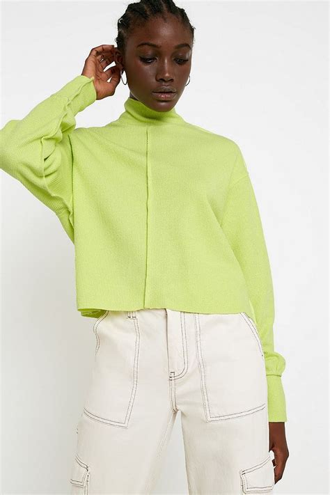 Uo Charlie Slouchy Funnel Neck Lime Jumper Urban Outfitters Uk