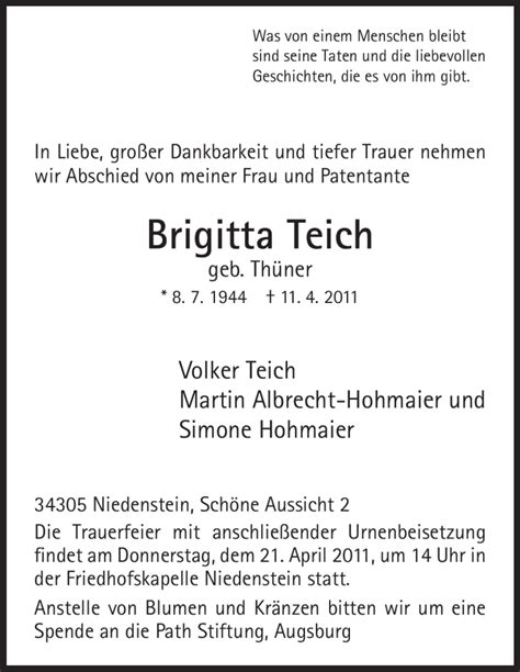 Traueranzeigen Von Brigitta Teich Trauer Hna De