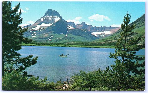 Postcard Mt Montana Small Fishing Boat Swiftcurrent Lake Glacier Ntl