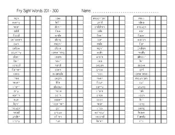 Fry Sight Words 201 300 Checklist By Sara Lacy TPT