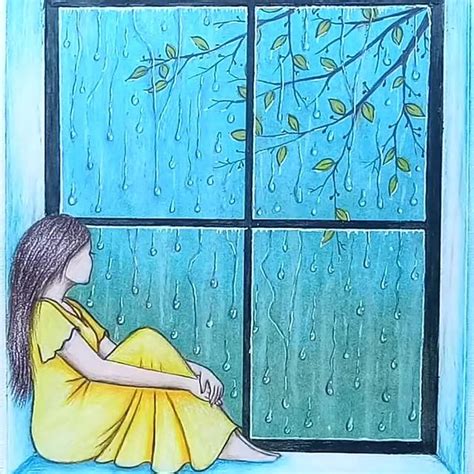 A Rainy Day Scenery With Oil Pastel Draw A Girl Sitting On A Window