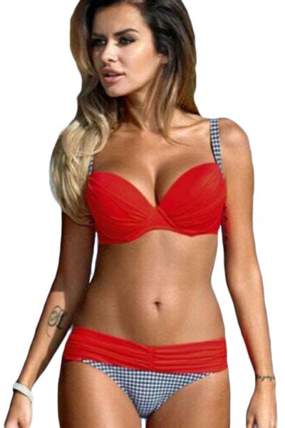 5 98 Sexy Fiery Red Padded Gather Push Up Bikini Set Wholesale