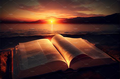 Open Bible On A Table With Sunset Light And Sea Background Education Illustrations ~ Creative