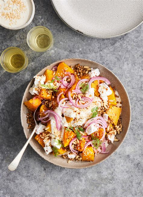 Roasted Pumpkin And Lentil Salad With Feta And Yoghurt Dressing Dish