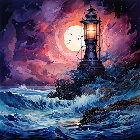 Premium Photo | A painting of a lighthouse with a full moon in the ...