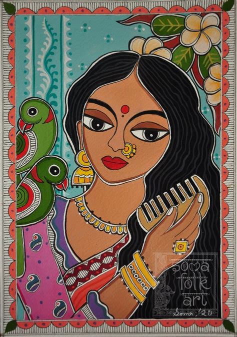 Print Madhubani Painting Lady With Her Parrots Indian Wall Decor