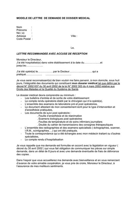 Model De Lettre De Demande De Dossier Medical Doc Pdf Page Sur Hot