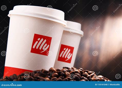 Composition With Paper Cups Of Illy Coffee And Beans Editorial Stock