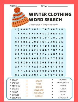 Winter Clothing Word Search Puzzle Activity Winter Vocabulary Worksheet