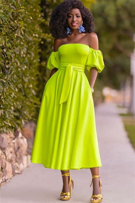 Off Shoulder Puff Sleeve Tied Waist Elegant Midi Dresses