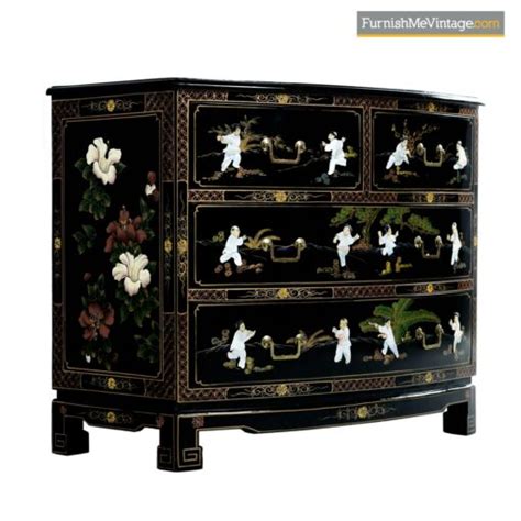 Black Lacquer Hand Painted Chinoiserie Dresser with Mother of Pearl Figures