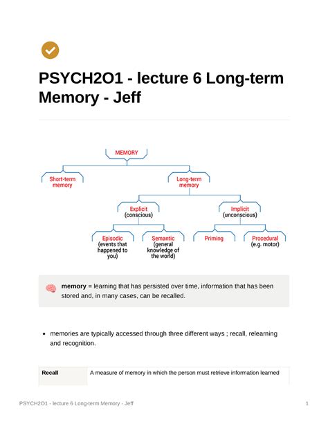 Psych 2O1 Lecture 6 Long Term Memory Jeff PSYCH2O1 Lecture 6