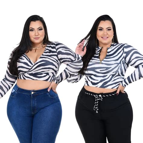 Blusa Cropped Plus Size Suplex Manga Longa Decotada Shopee Brasil