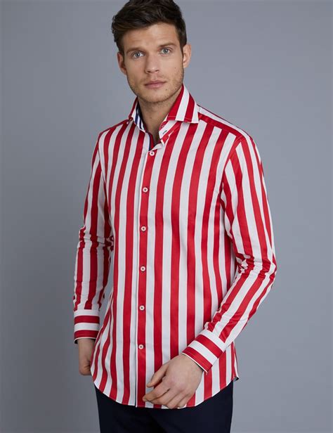 Men's Curtis Red & White Bold Stripe Slim Fit Shirt - High Collar - Single Cuff | Hawes & Curtis