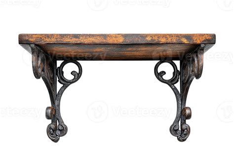 Rustic Wooden Shelf With Ornate Metal Brackets Showcasing Craftsmanship