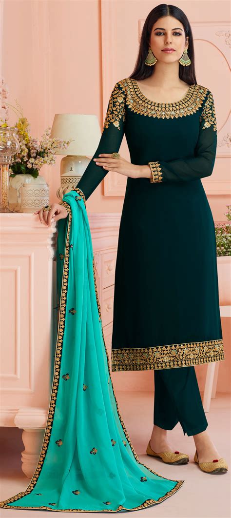 Bollywood Green Color Satin Silk Fabric Salwar Kameez