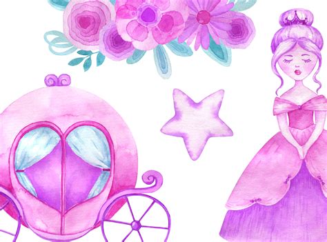 Watercolor Princess Clipart Castle Crown Carriage Clip Art Magical By