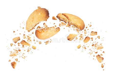 Biscuits Broken Into Two Halves With Falling Crumbs Down Stock Image