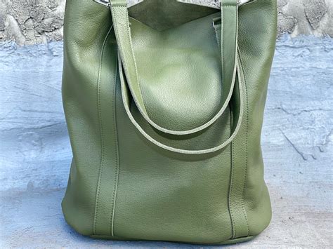 Large Olive Green Leather Tote Bag Tall Work And Travel Etsy