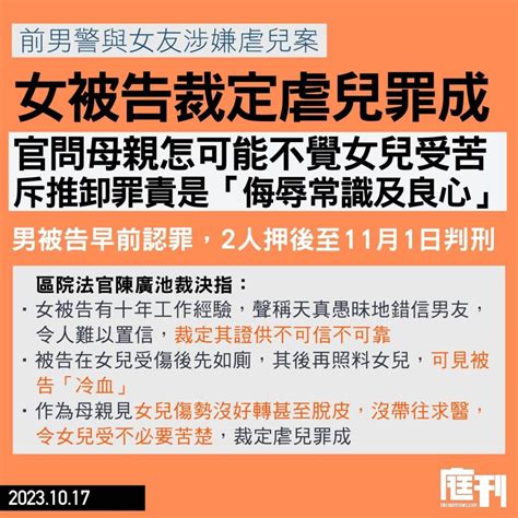 前男警與女友涉嫌虐兒案｜女被告裁定虐兒罪成 官問母親怎可能不覺女兒受苦 斥推卸罪責是「侮辱常識及良心」 庭刊