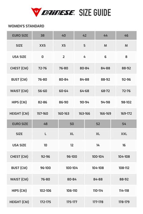 Dainese Leathers Size Chart Size Chart Dainese Womens Apparel