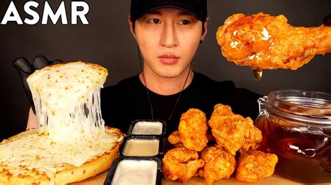 ASMR EXTRA CHEESY PIZZA HONEY GLAZED FRIED CHICKEN MUKBANG No