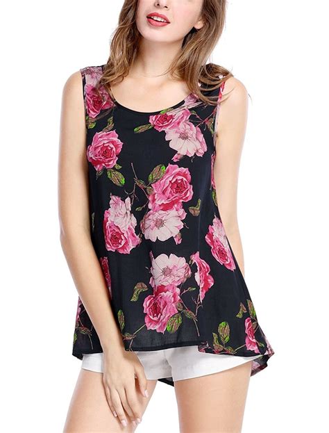 Womens Floral Prints Scoop Neck High Low Hem Tank Top Blue