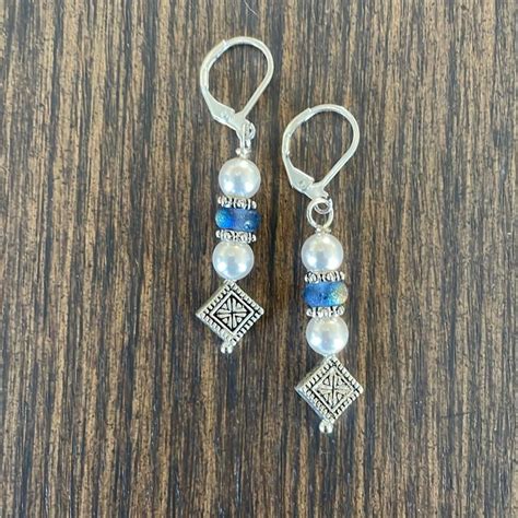 Hand Crafted Earrings White Pearls Blue Rondelles Silver Plated Beads In 2024 Jewelry Making