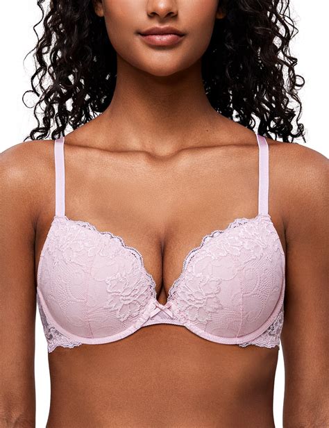 Deyllo Womens Sexy Lace Push Up Padded Plunge Add Cups Underwire Lift Up Bralight Pink 38b