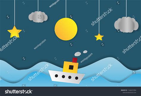 Paper Boat Floating On Sea Moon Stock Vector Royalty Free 1146221954