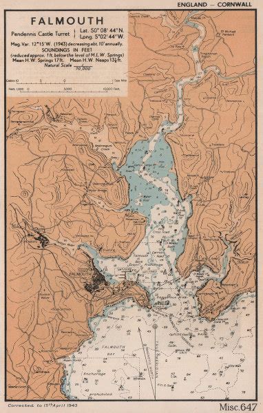 Falmouth Penryn And St Mawes Sea Coast Chart Cornwall Admiralty 1943