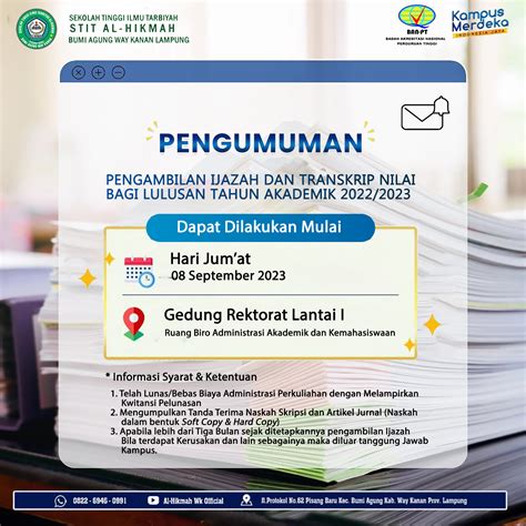 PENGUMUMAN PENGAMBILAN IJAZAH TRANSKRIP NILAI LULUSAN TAHUN AKADEMIK