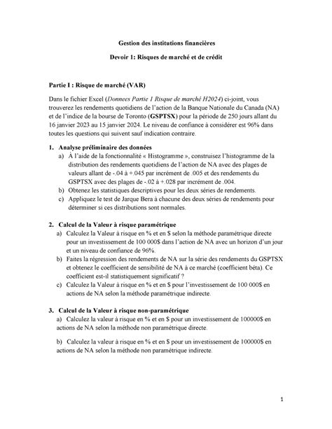 Devoir 1 Risques Marché et Crédit H 2024 Gestion des institutions