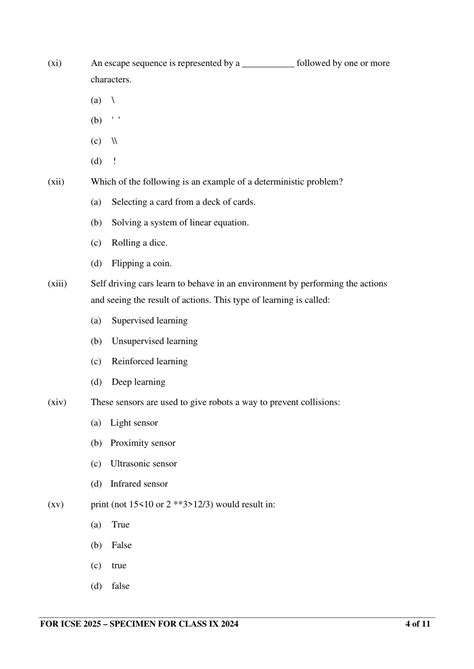 Icse Class 9 2024 Robotics And Artificial Intelligence Sample Paper