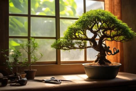 Tesouras de poda e árvores de bonsai em luz natural criadas