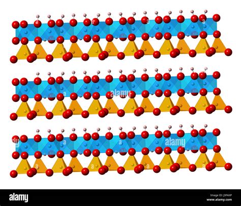 Kaolinite clay mineral, crystal structure. Shown as mixed spheres ...