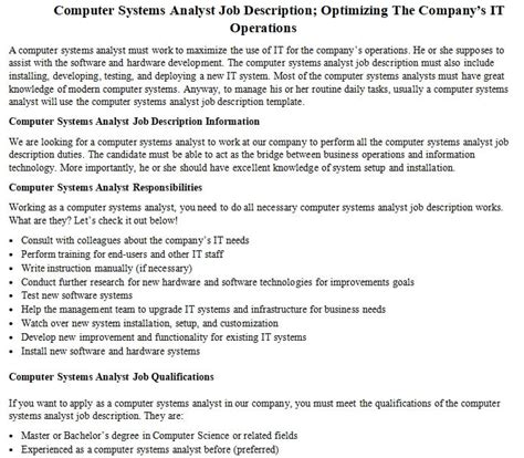 Computer Systems Analyst Job Description Optimizing The Company’s It Operations Room