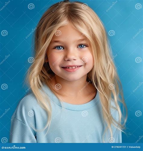 Portrait Of A Smiling Cute Small Girl In A Blue Shirt On A Blue