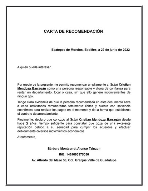 Modelo Carta De Recomendacion Arrendatario Kulturaupice Images And