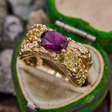 East To West Rhodolite Garnet Peridot Ring 14K Yellow Gold