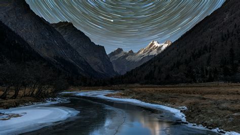 1360x768 Resolution Star Trail 4k Mountain Lake Desktop Laptop Hd