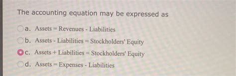 Solved The Accounting Equation May Be Expressed As A Assets