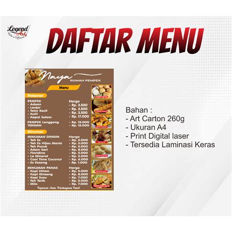 Jual Cetak Daftar Menu Makanan Minuman Cafe Custom A4 Free Desain