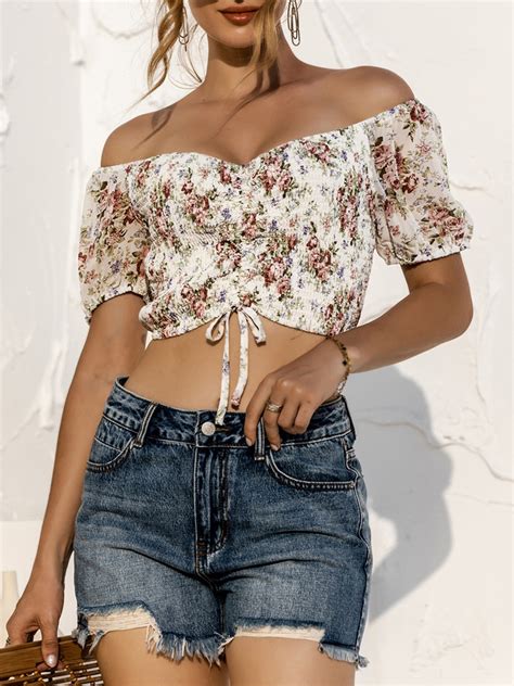 Buy Urbanic Women White And Brown Floral Print Smocked Crop Bardot Top