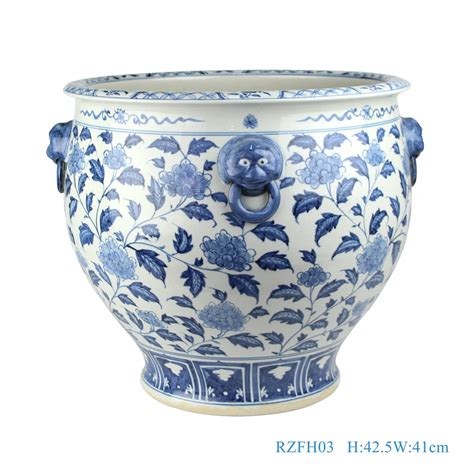 China Jingdezhen Blue And White Fishbowl Porcelain Planter With Lion