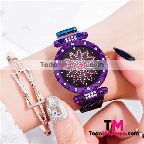 Reloj Extensible Mesh Iman Flor De Loto Diamantes Morado R