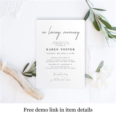 Simple Funeral Invitation Template Printable Celebration Of Etsy