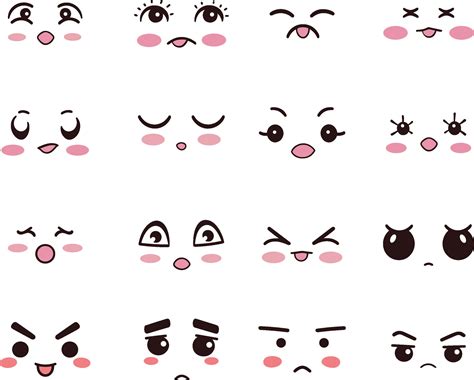 Cute kawaii faces. Kawaii emoticons with different expressions. Vector ...