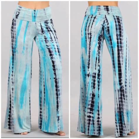 Pants And Jumpsuits Aqua Blue Boho Tie Dye Foldover High Waist Wide Leg