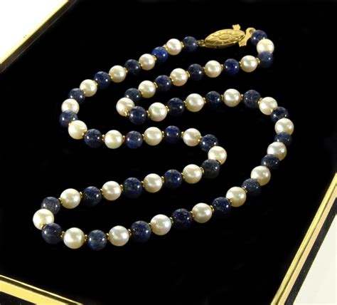 Vintage K Gold Lapis Lazuli Pearl Bead Necklace Pearl Bead Necklace